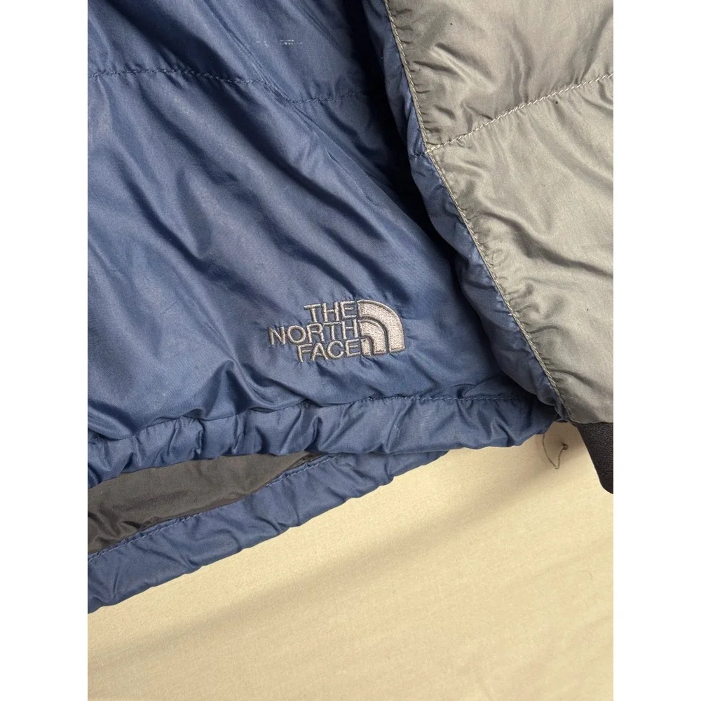Vintage North Face XL Goose Down Puffer Jacket Navy Blue Grey Full Zip Damage